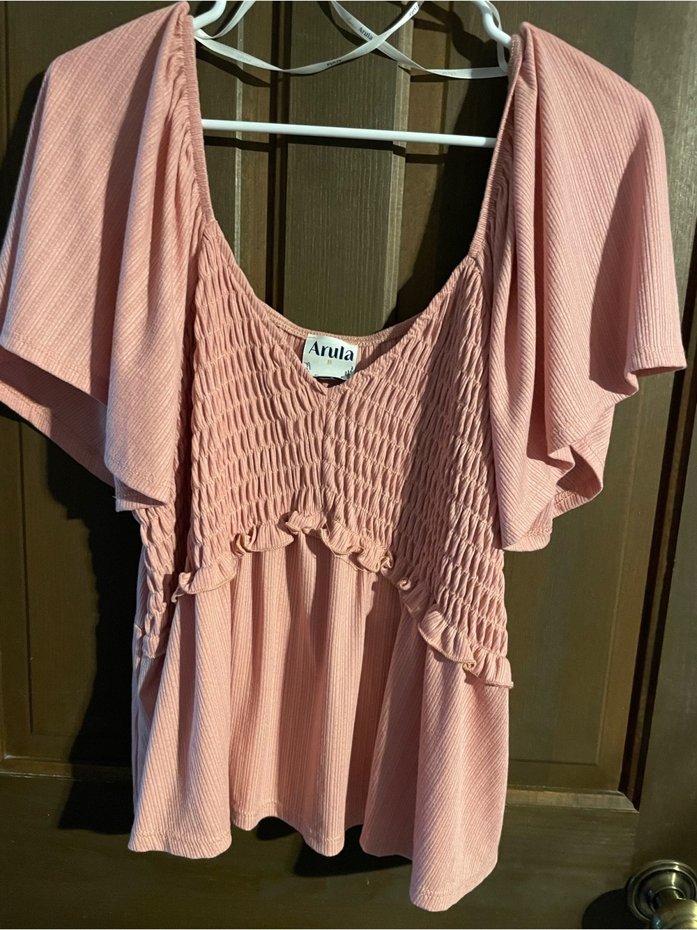 ARULA Blush Pink Smocked Flutter Sleeve Top